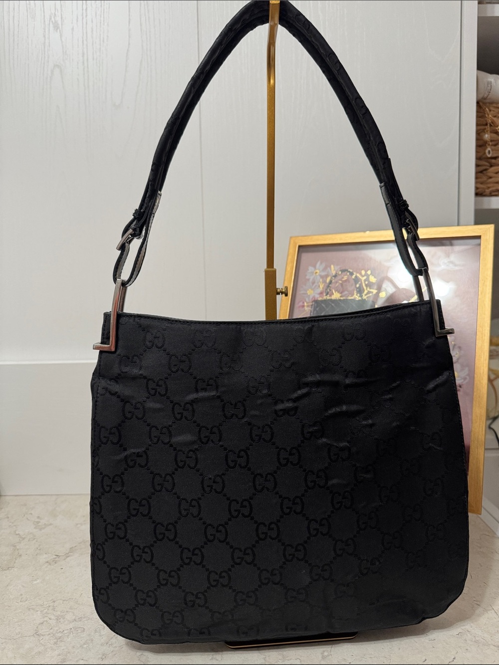Gucci Black GG Monogram Shoulder Hobo with COA